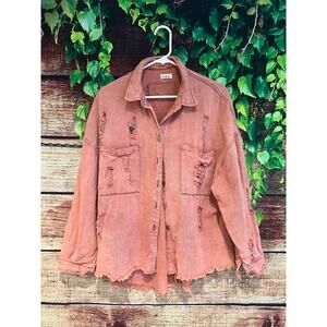 POL Red Distressed Denim Jacket Raw Edge Fringe 4th of July Star S Oversized